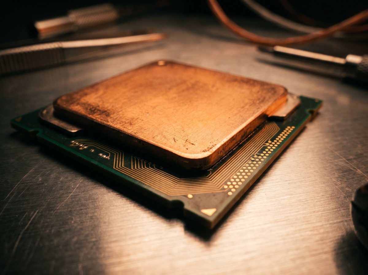 Macro photograph of a CPU with copper heat spreader