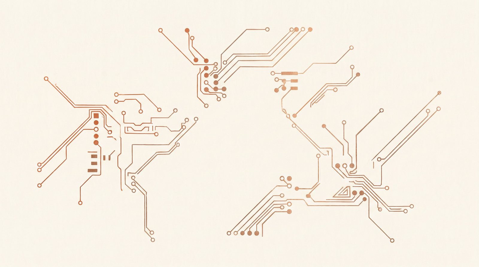 Abstract circuit board trace pattern in amber and copper tones