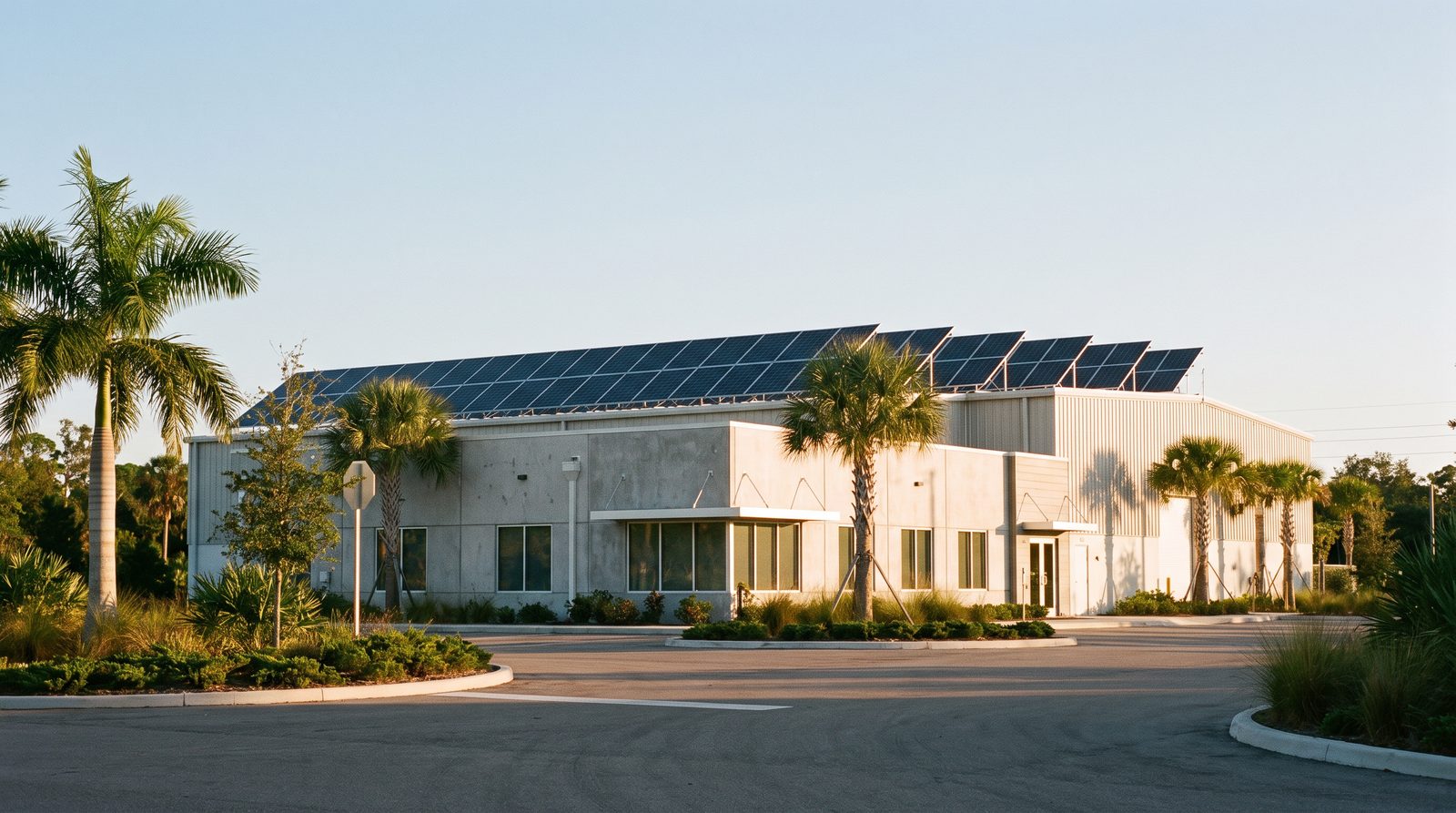 Small industrial facility with rooftop solar panels under a clear sky