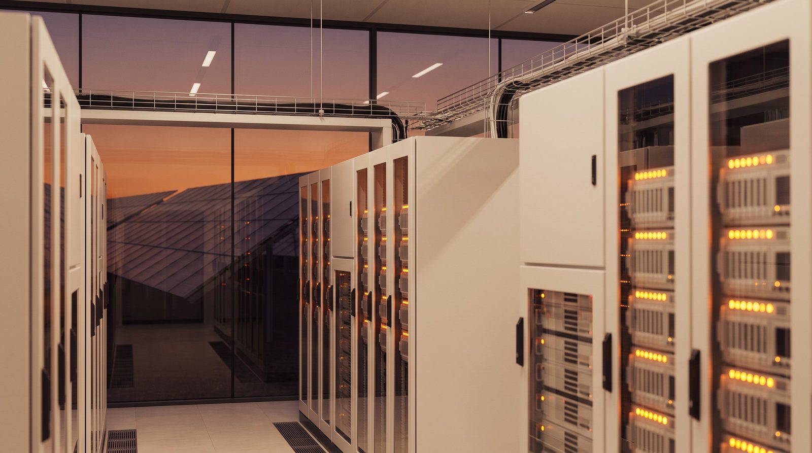 Rows of compact server racks with amber status lights inside a solar-lit facility
