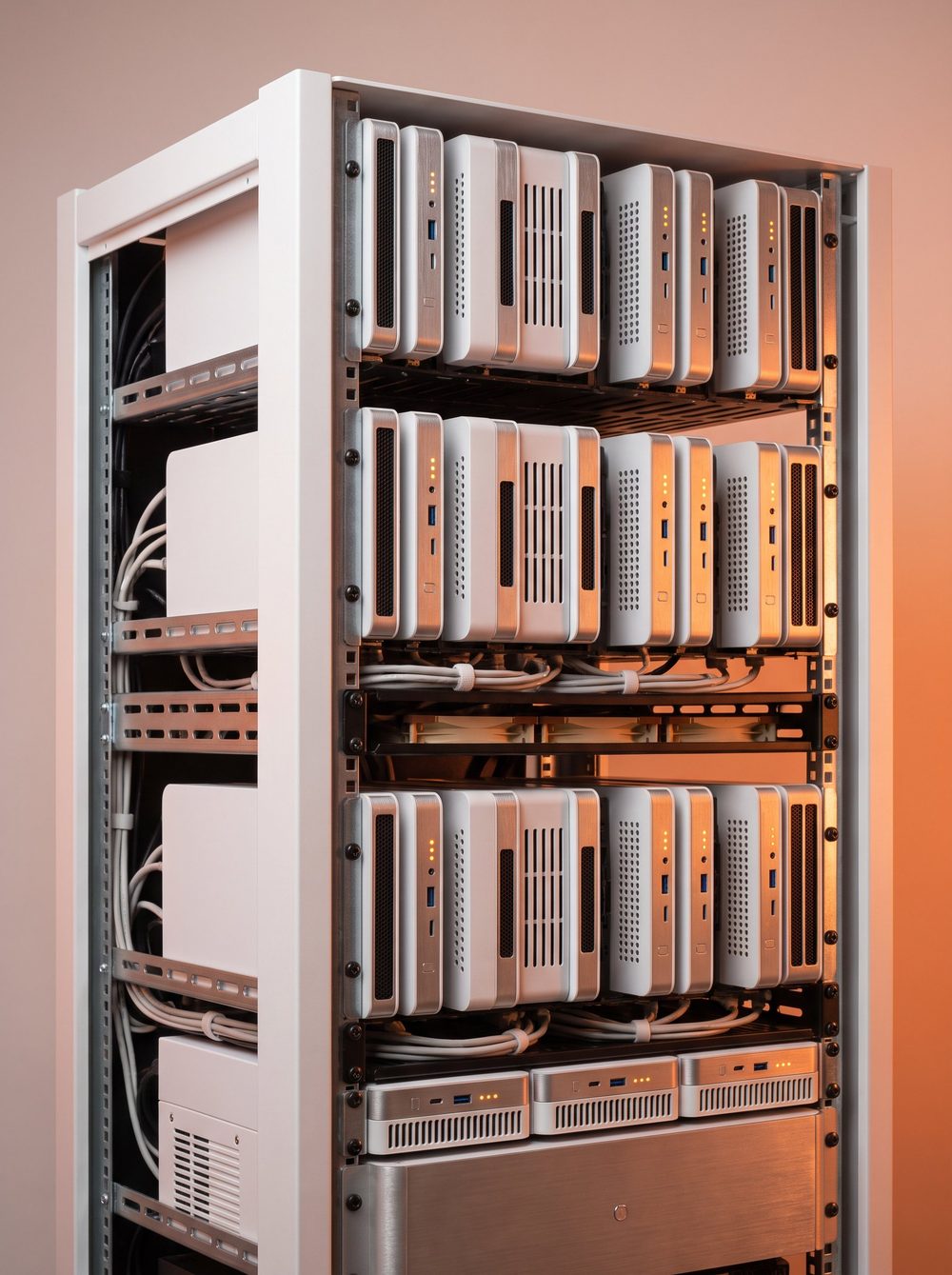 High-density rack of compact modular compute units with amber status lights