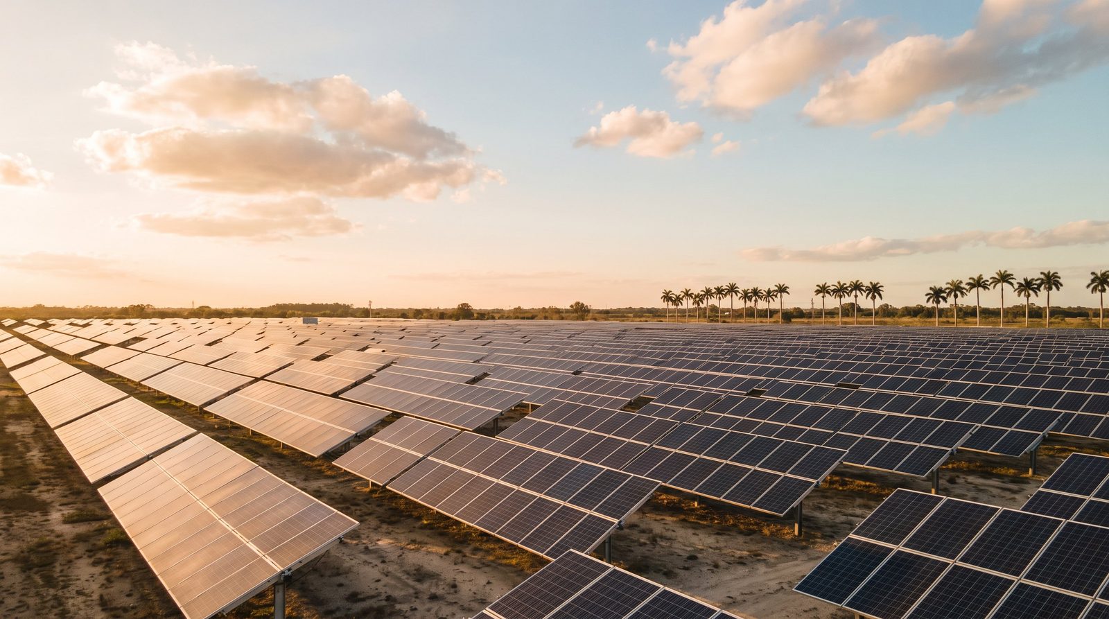 Rows of solar panels under a warm sky with palm trees in the distance