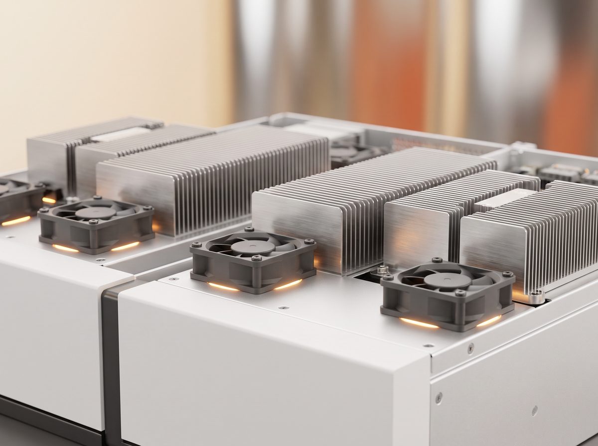Close-up of aluminum heatsink fins and cooling fans on compute hardware